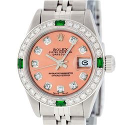 Rolex Ladies Stainless Steel Quickset Salmon Diamond & Emerald Wristwatch