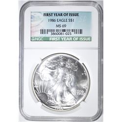 1986 AMERICAN SILVER EAGLE, NGC MS-69 FIRST YEAR