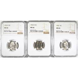 1953-P-D-S JEFFERSON NICKELS, NGC MS-66