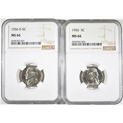 1956 & 56-D JEFFERSON NICKELS, NGC MS-66