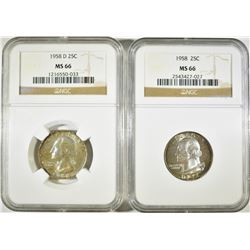 1958-P,D WASHINGTON QUARTERS NGC MS-66 COLOR