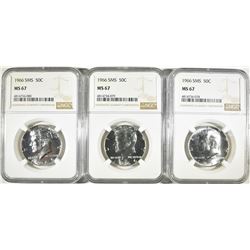 3-1966 SMS KENNEDY HALF DOLLARS, NGC MS-67