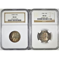 1956 & 58-D WASHINGTON QUARTERS NGC MS-66 COLOR