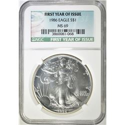 1986 AMERICAN SILVER EAGLE, NGC MS-69