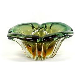 Murano Sommerso Green & Amber Italian Glass Bowl