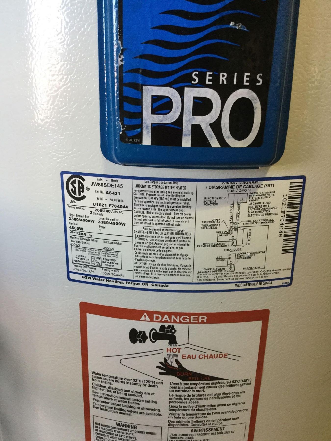 John Wood Pro Series Electric Hot Water Tank Model JW80SDE145