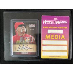 WRESTLING MEMORABILIA LOT (HULK HOGAN SIGNED CARD/ WRESTLEMANIA MEDIA PASS)