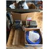 Image 1 : BENCH GRINDER, SMALL CERAMIC HEATER, PAINT GUN, HOSE LINE & BOX OF MISC. EXTENSION CORDS, WELDER
