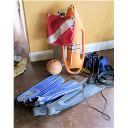Water Safety Lot - Dive Flag, Life Buoy, Aqualung Fins and 2 Scuba Tanks