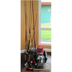 Large Fishing Lot - 8 Rods & Reels with 4 extra reels with bait bucket box of lines and rod holder.