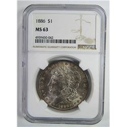 1886-P Morgan Silver Dollar $ NGC MS 63 Lightly To
