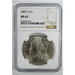 1887-O Morgan Silver Dollar $ NGC MS 63 Blast Whit