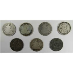 7-SEATED HALF DOLLARS, MIXED DATES & GRADES