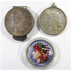 3 - SILVER DOLLARS: 1921-D COLORIZED, 1896 MONEY