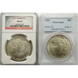 2 - SILVER DOLLARS: 1923 PEACE PCGS MS63