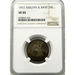 1853 SEATED QUARTERS NGC VF 35