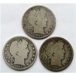 3-BARBER HALF DOLLARS:  1899, 1900, 1906-O