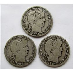 3-BARBER HALF DOLLARS:  1907-D, 1907, 1908-D