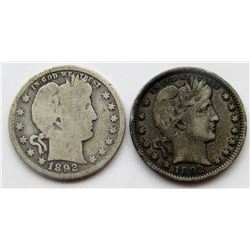 1892 BARBER QTR VG; 1892-S BARBER