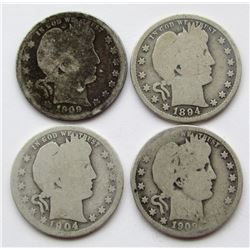 4-CIRC BARBER QTRS:  1894-S, 1904, 1909-O