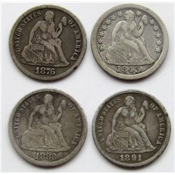 4-SEATED DIMES:  1843, 1883, 1891-S