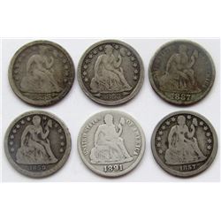 6-SEATED DIMES: 1855 W/ ARROWS, 1857, 1891, 1853