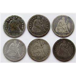 6-SEATED DIMES:  1853-O, 1883, 1885, 1889,