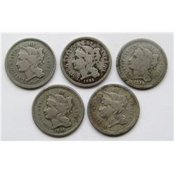 5-THREE CENT NICKELS AVG CIRC