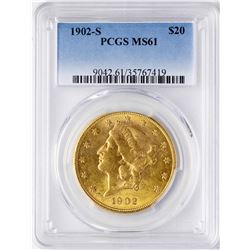 1902-S $20 Liberty Head Double Eagle Gold Coin PCGS MS61