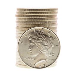 Roll of (20) Brilliant Uncirculated 1922 $1 Peace Silver Dollar Coins