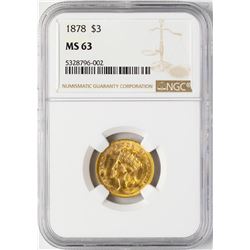 1878 $3 Indian Princess Head Gold Coin NGC MS63