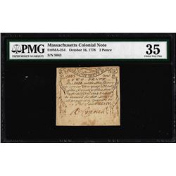 October 16, 1778 Massachusetts 2 Pence Colonial Currency Note PMG Choice Very Fi