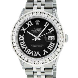 Rolex Mens Stainless Steel Black Roman Diamond Datejust Wristwatch