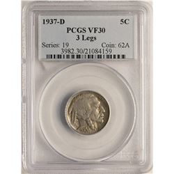 1937-D 3 Legged Buffalo Nickel Coin PCGS VF30