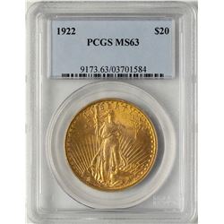 1922 $20 St. Gaudens Double Eagle Gold Coin PCGS MS63