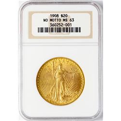 1908 NM $20 St. Gaudens Double Eagle Gold Coin NGC MS63