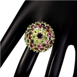 Natural Rhodolite Garnet Peridot & Tourmaline Ring