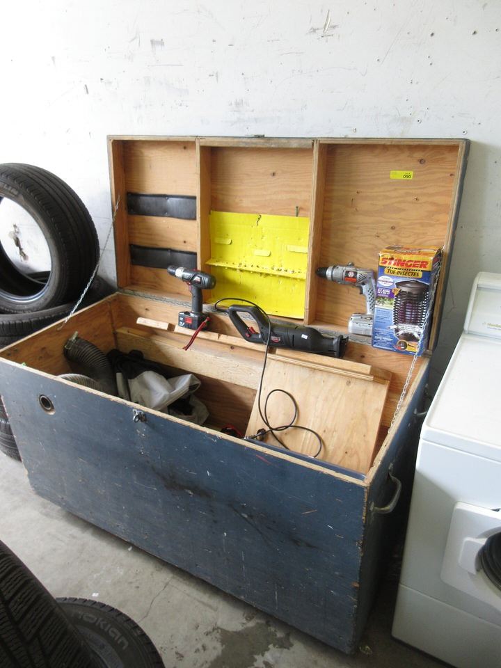 Large Wood Construction Work Box & Contents