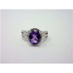 2.4 CT Sterling Silver Amethyst 7 Diamond Ring