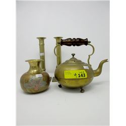Brass Candlesticks, Vase and Antique Toddy Kettle