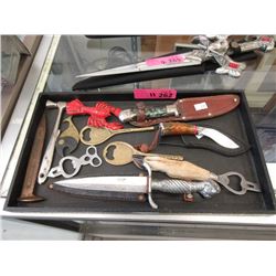 Tray of Vintage Bottle Openers and Small Knives