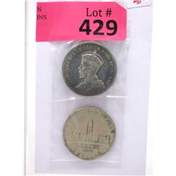 1935 & 1939 Canadian Silver Dollar Coins - .800