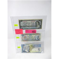 Three Canadian $5 Bills - 1954, 1979 & 2006