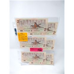 Six 1986 Canadian $2 Bills - Sequentially Numbered