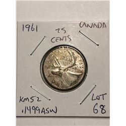 1961 SIlver Canada 25 Cents .1499 ASW Book Number KM 52