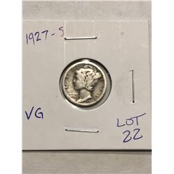1927 S Mercury Silver Dime Very Good Grade Nice Early US Coin