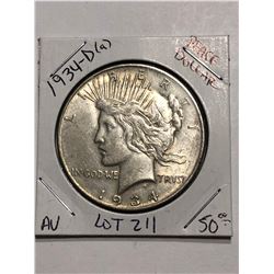 Rare Key Date 1934 D Silver Peace Dollar AU High Grade Nice Early US Coin