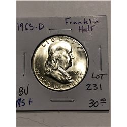 Beautiful 1963 D Silver Franklin Half Dollar Brilliant Uncirculated MS+ High Grade