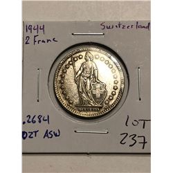 Nice 1944 Silver Switzerland 2 Francs .2684 ASW Coin