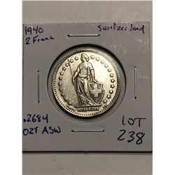 Nice 1940 Silver Switzerland 2 Francs .2684 ASW Coin